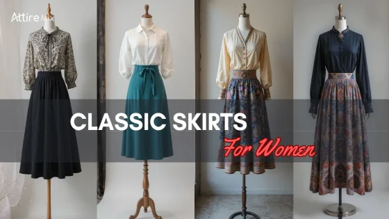 Display classic skirts in various styles and colors for women.