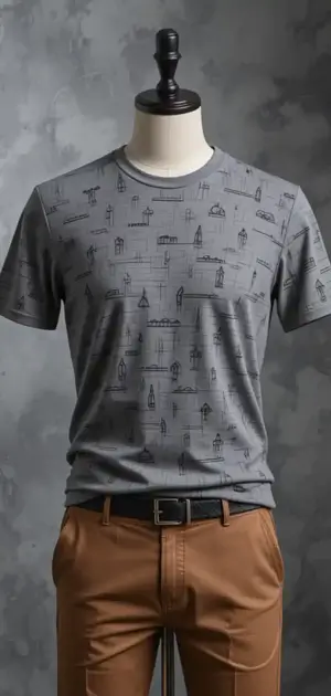 Grey printed T-shirt with minimalist sketches, paired with brown trousers