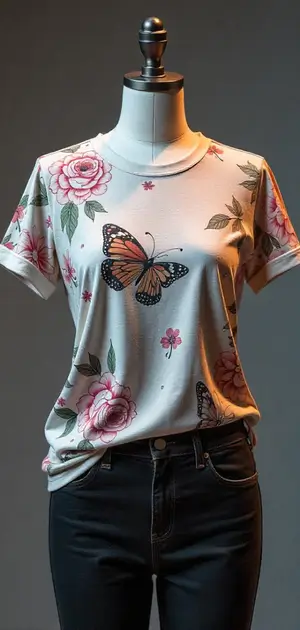 White T-shirt with a minimal face and floral illustration