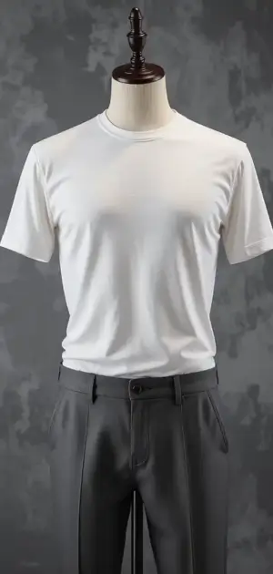 Classic plain white T-shirt paired with grey tailored trousers on a mannequin