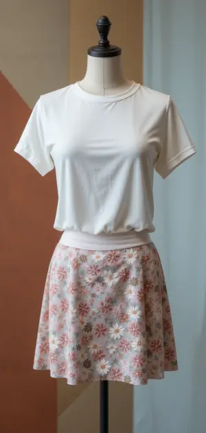 Casual white T-shirt paired with a light pink floral athletic skirt.