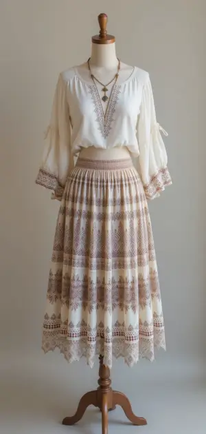 A neutral-toned bohemian skirt with soft embroidery details.