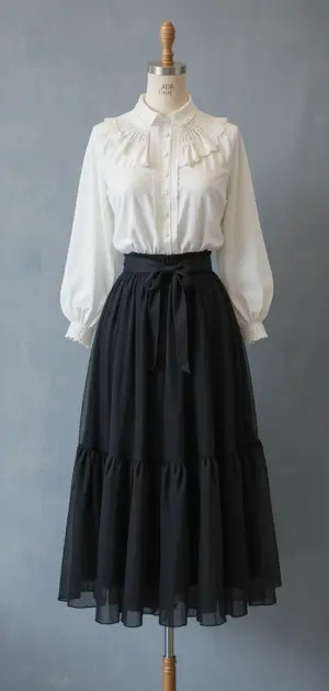 Classic black midi skirt with tiered layers and a white top.