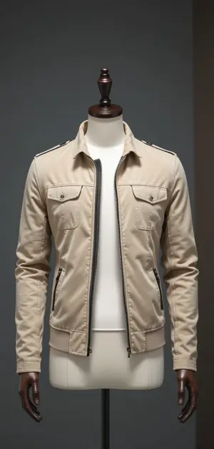 Beige cotton jacket displayed on a mannequin, ideal for casual wear.