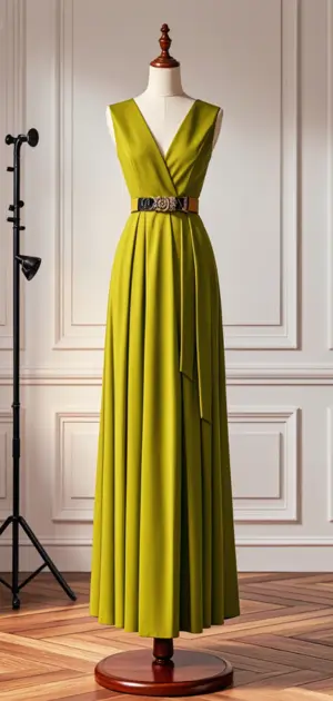 Belted maxi dress paired with gold jewelry