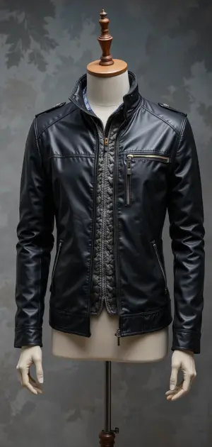Black quilted jacket with zipper pockets, styled for a sleek appearance.
