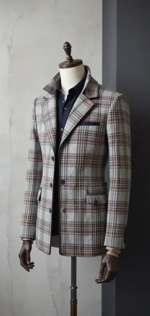 Light grey plaid coat with a structured design and dark contrast details.