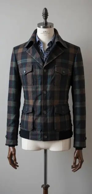 Men's plaid jacket is in muted earth tones, perfect for casual styling.