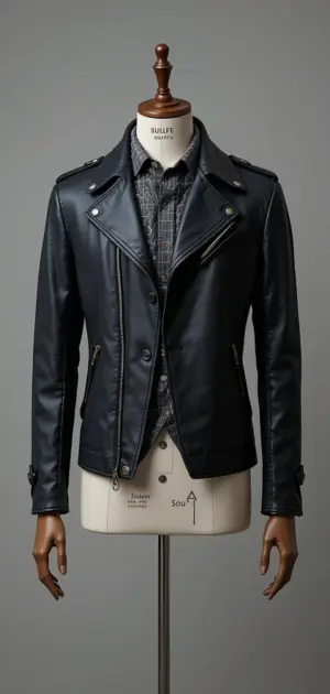 Black leather biker jacket with silver hardware and zipper details.