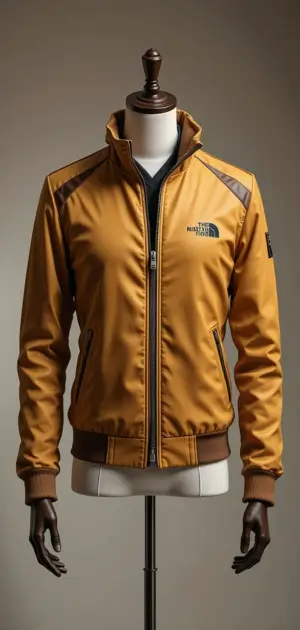 Men's mustard brown sports jacket with contrast paneling.