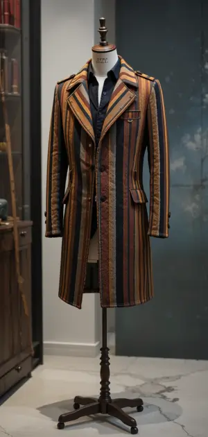 A long men's coat with striking vertical stripes in warm hues.