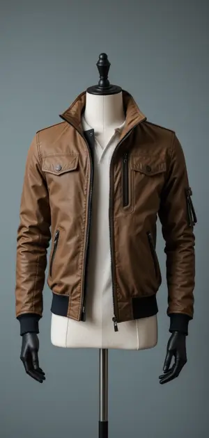 A brown and black travel jacket with a ribbed hem and stylish fit.