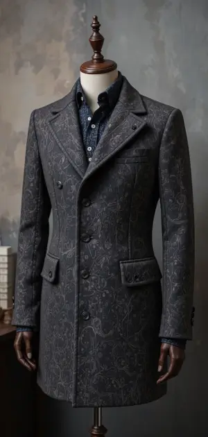 Black vintage coat with floral embroidery, structured lapels, and a tailored fit.