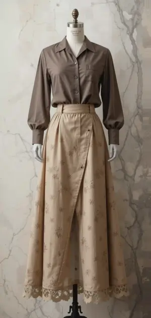 Brown button-up blouse with a beige wrap skirt featuring lace details.