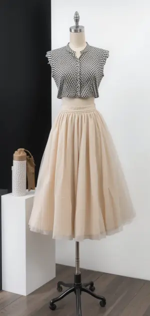 Voluminous beige tulle skirt with a black-and-white checkered top.