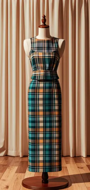 Women’s flannel plaid maxi dress in autumn tones.