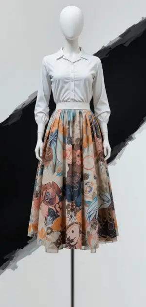 Mannequin dressed in a colorful polyester skirt and white collared blouse.