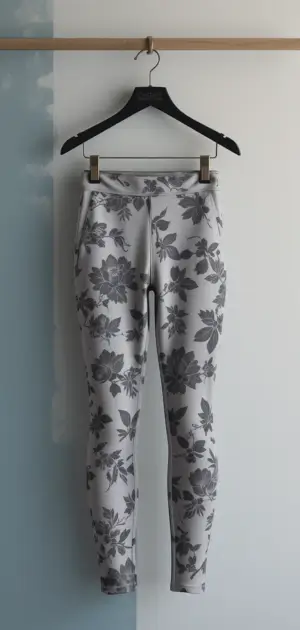 Grey floral skinny leggings with a soft stretch fabric on a hanger.