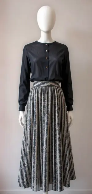 Colourful horizontal striped skirt paired with a mustard yellow blouse.