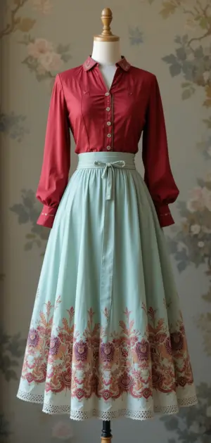 Colorful vintage skirt with a red blouse and mint green floral embroidery.
