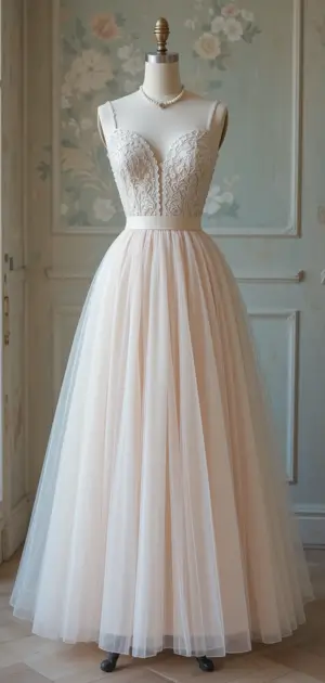 Full-length ivory tulle wedding skirt with lace bodice on a mannequin.