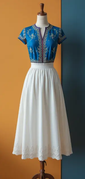 Elegant white skirts with colorful tops highlighting bold fashion contrasts.