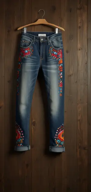 Women’s patchwork jeans featuring denim rework and embroidery.