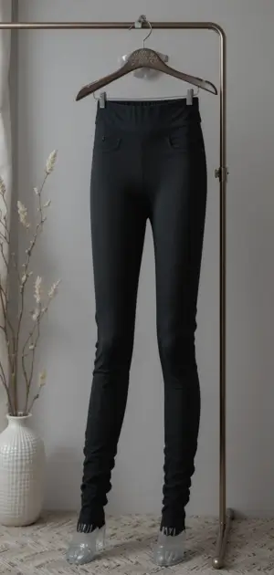 Black skinny jeggings with pockets, hung on a decorative hanger.