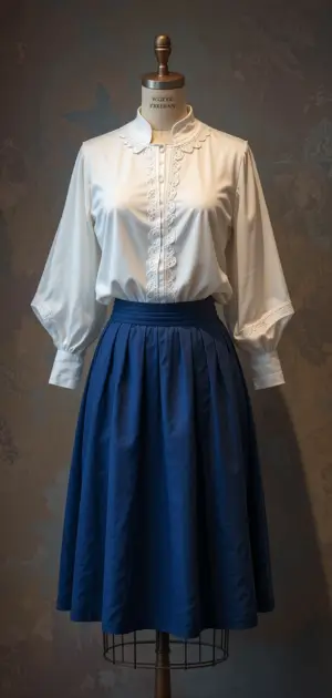 Mannequin wearing a dark blue pleated skirt with a white long-sleeve blouse.
