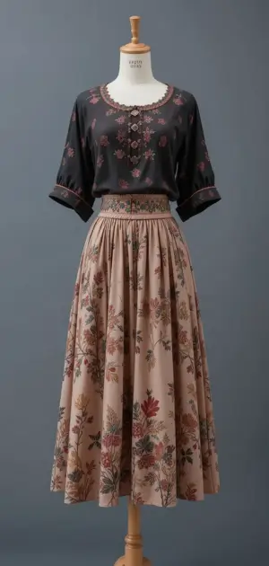Black blouse with beige floral printed cotton skirt.
