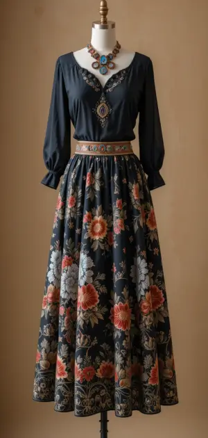 Maxi floral skirt with a black cropped ruffled blouse for party looks.