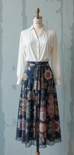Navy blue silk skirt with floral prints and a white blouse.