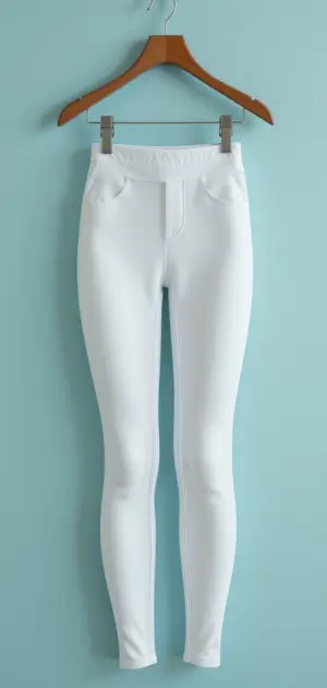 High-waisted white leggings with pocket accents on a hanger.