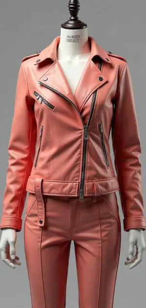 Coral pink leather biker jacket with black zippers and belt.