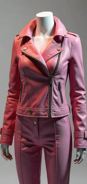 Shiny pink leather biker jacket with a structured fit.