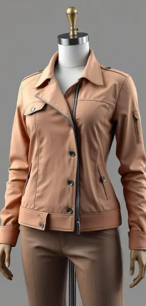 Beige cotton-blend biker jacket with asymmetrical buttons.