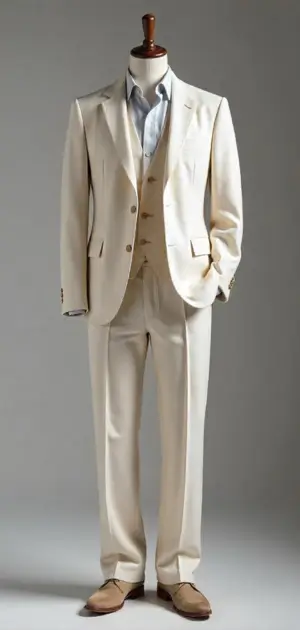 Off-white three-piece suit with an open-collared shirt