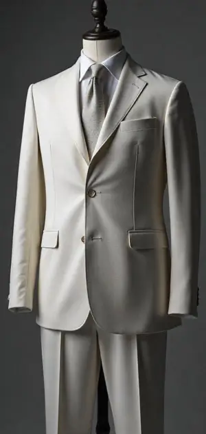 Elegant white suit with a silver tie on a mannequin.