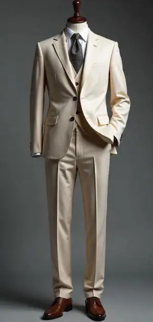 Ivory three-piece suit with a grey tie on a mannequin.