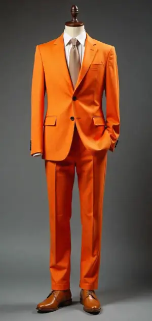 Bright orange suit with a beige tie and brown shoes.