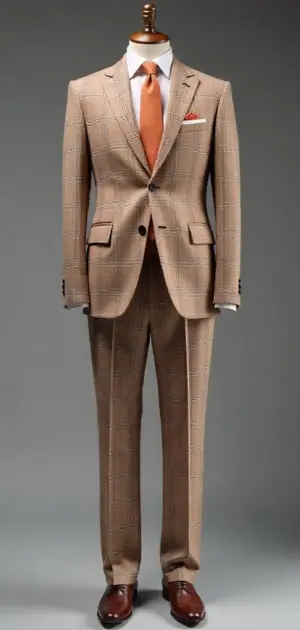 Beige plaid suit with an orange tie and white dress shirt
