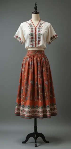 White blouse paired with a rust-orange floral cotton skirt.