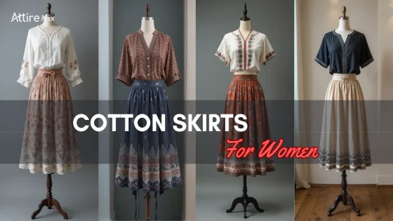 Variety of cotton skirts in bold prints and colorful tops.