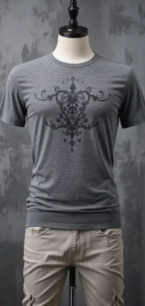 Dark grey plain T-shirt paired with matching trousers and a black belt on a mannequin