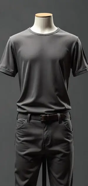 Heather grey T-shirt with an ornate black design, paired with beige trousers