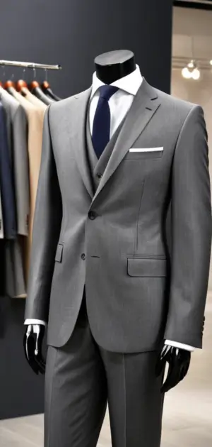 Grey three-piece suit with a navy tie in a modern boutique