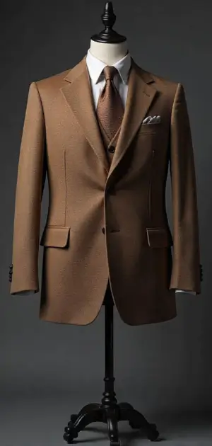 Camel-colored suit with a brown tie and white pocket square