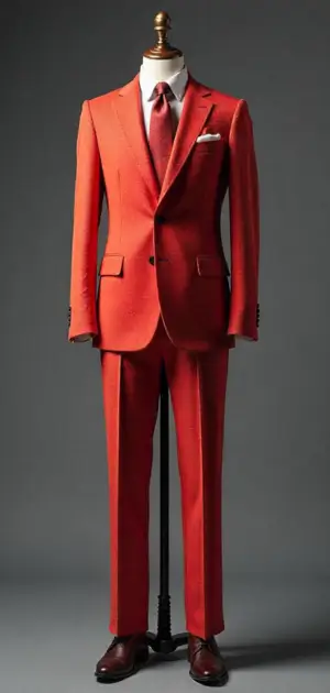 Fiery red suit with a matching red tie on a mannequin