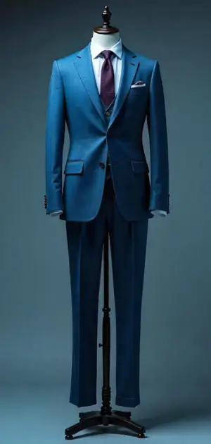 Vibrant blue three-piece suit with a purple tie on a mannequin