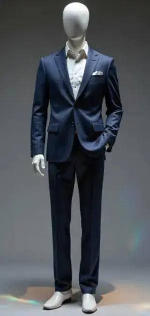 Casual navy suit with a white open-collar shirt on a mannequin